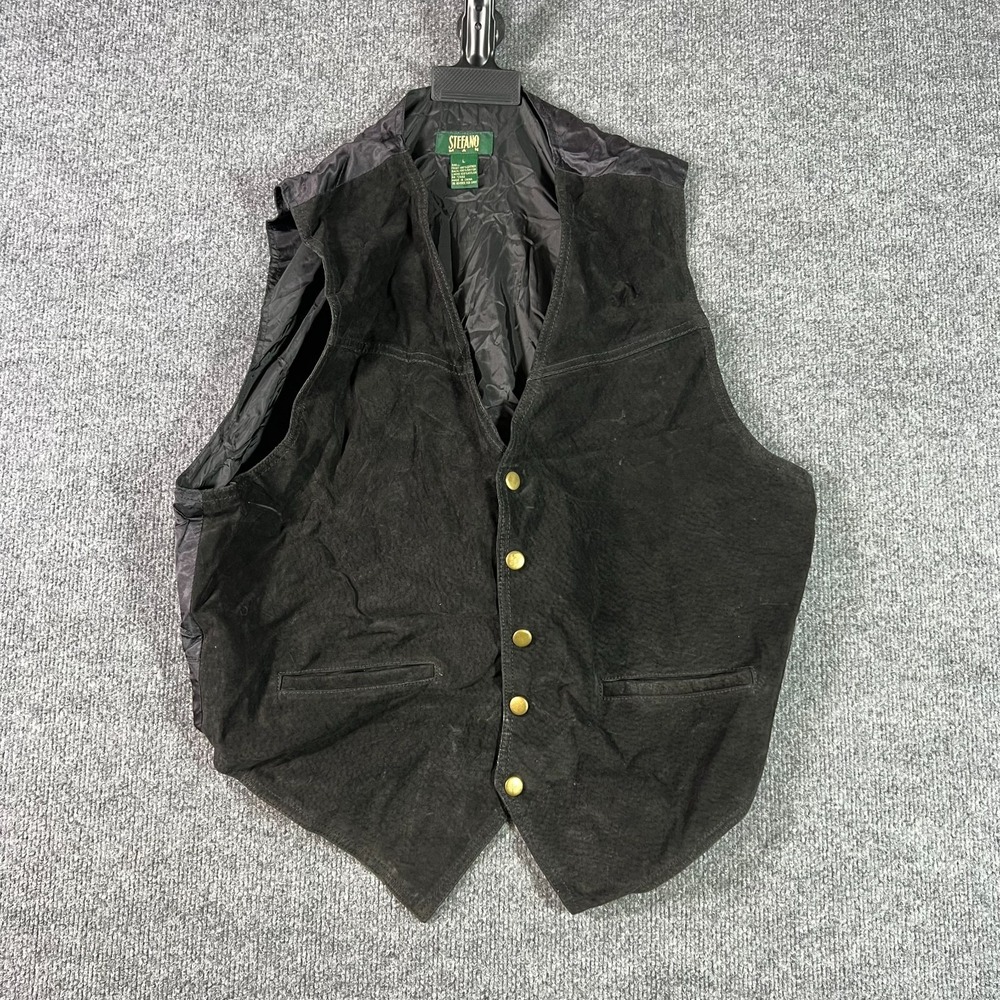 Stefano Suede Leather Vest Men Large Black Snap Front Belted Back Western Cowboy